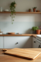 Poster - A wood table top with a chopping board sits against a blurred kitchen counter in the background._00001_