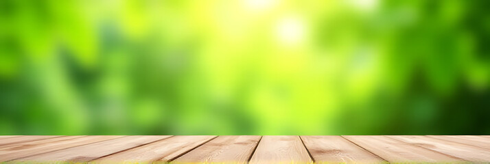 Aufkleber - A wood table top serves as a blurred abstract green background for a garden scene suitable for a montage product display or key visual layout._00002_