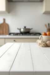 Poster - A white wood tabletop is in sharp focus while the surrounding kitchen counter is blurred due to selective camera focus._00003_