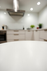Poster - A white wood tabletop is in sharp focus while the surrounding kitchen counter is blurred due to selective camera focus._00002_