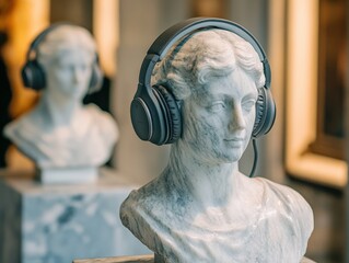 two marble busts wearing headphones