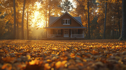 Sticker - picturesque house surrounded by golden autumn leaves and trees