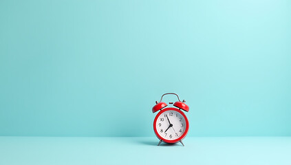Poster - A small red alarm clock sits prominently against a soft blue pastel background creating a visually striking scene._00002_