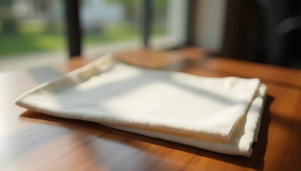 Aufkleber - A simple cloth napkin lies on a wooden table, illuminated by the gentle light of a nearby glass window._00001_