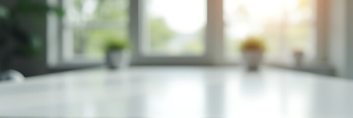 Poster - A selective focus is achieved by emphasizing a clear white tabletop against a blurred abstract background with a visible window in the distance._00003_
