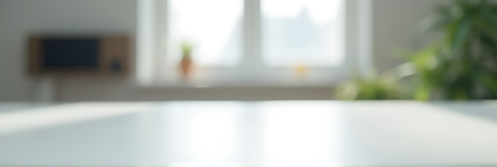 Poster - A selective focus is achieved by emphasizing a clear white tabletop against a blurred abstract background with a visible window in the distance._00002_