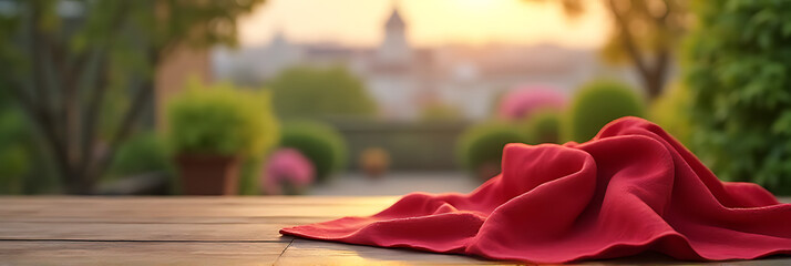 Poster - A red cloth lies on a wooden table amidst a blurred city and garden scene in the morning light._00002_