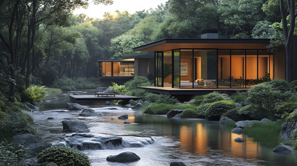 Sticker - modern glass walled house near flowing river surrounded by lush greenery