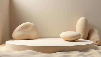 Poster - A platform featuring a sandstone product display with a sand beach background and a podium stand for presentations._00001_