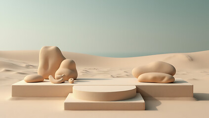 Poster - A platform featuring a sandstone product display with a sand beach background and a podium stand for presentations._00003_