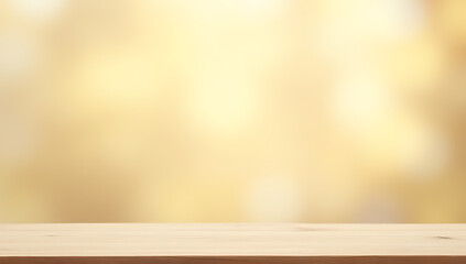 Poster - A minimalist wooden table top sits empty on a soft light gold abstract background suitable for product displays or layouts._00003_