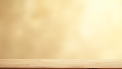 Poster - A minimalist wooden table top sits empty on a soft light gold abstract background suitable for product displays or layouts._00002_