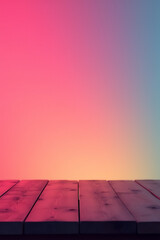 Aufkleber - A minimalist approach is showcased with an empty, wood table top against a vibrant, gradient neon colored background slowly emerging._00002_