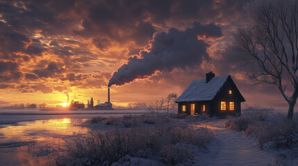 Sticker - cozy house near factory with smoke rising at sunset, creating serene atmosphere