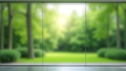 Aufkleber - A large glass wall has a blurred view of an abstract green garden as its background._00003_