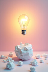 Poster - A creative idea forms as a lightbulb illuminates above a scattered paper crumpled ball on a soft pastel colored background._00003_