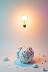 Poster - A creative idea forms as a lightbulb illuminates above a scattered paper crumpled ball on a soft pastel colored background._00002_