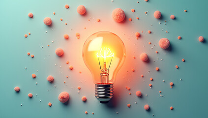 Poster - A creative business idea sparks with a group of lightbulbs on a pastel colored background surrounded by concepts and inspiration._00001_