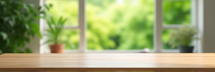 Aufkleber - A blurred green garden scene is visible through a window behind an empty wooden table in the room._00003_
