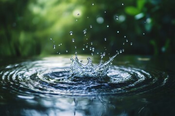 Aufkleber - Water droplet impact creating a crown splash with concentric ripples on a still surface against a blurred green background.