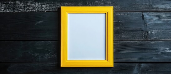Poster - Bright yellow picture frame on black wooden table showcasing blank white sheet perfect for design projects and personalized gift displays