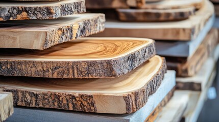 Poster - Natural wood slabs showcasing rich textures and patterns for rustic decor or craft projects creating a warm and inviting atmosphere
