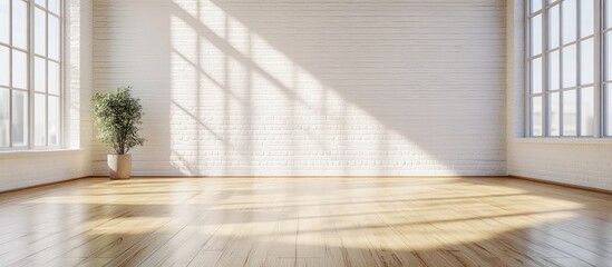 Poster - Modern bright room with white brick walls and warm wood floor designed for contemporary interior aesthetics and open space living.