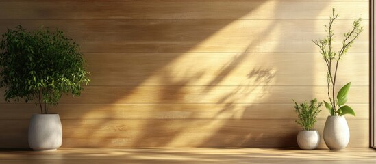 Poster - Natural wood wall texture with sunlight shadows creating a warm ambiance perfect for rustic decor and interior design backgrounds