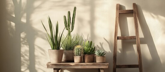 Poster - Cactus display on a rustic table next to a ladder enhancing a warm natural ambiance with soft shadows and greenery accents