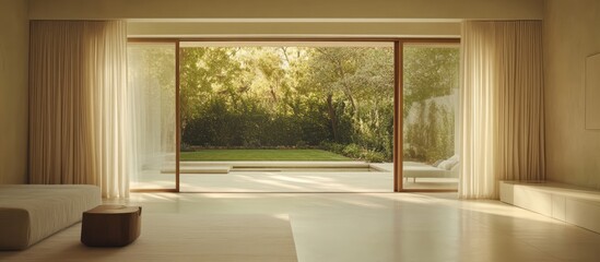 Poster - Bright airy empty room in soft ivory tones with glass sliding door leading to a serene outdoor backyard oasis in natural sunlight