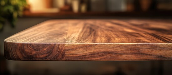 Poster - Elegant brown wooden tabletop in sharp focus with a softly blurred bokeh background perfect for showcasing product displays and montages