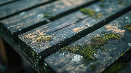 Poster - Moldy wooden board with dampness showing texture and green moss growth in natural light close-up details