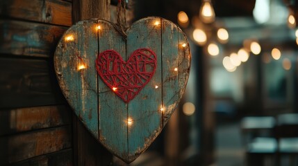 Poster - Rustic wooden heart board decorated with string art and lights creating a warm romantic atmosphere at a reception or event setting