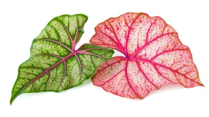 Poster - Caladium leaves with vibrant green and pink patterns isolated on white background showcasing their intricate foliage details