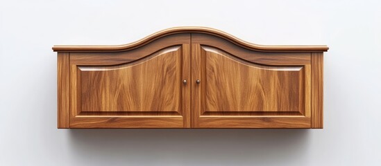 Poster - Elegant wooden cabinet with double doors and decorative arch showcasing fine craftsmanship on a clean white background for furniture displays