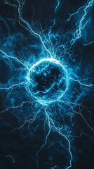 Wall Mural - Blue electric sphere emitting lightning bolts in the dark