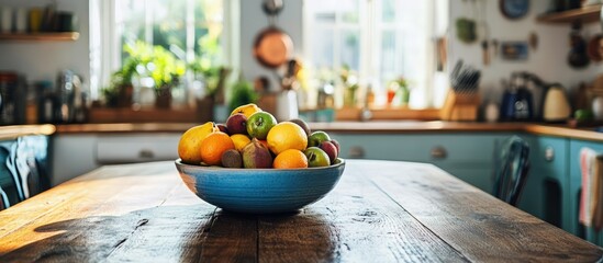 Poster - Colorful fruit bowl in a rustic kitchen setting showcasing a bright inviting atmosphere perfect for home decor inspiration
