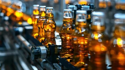 Aufkleber - This Clear amber bottles of soda are aligned on a conveyor belt in a modern production facility.