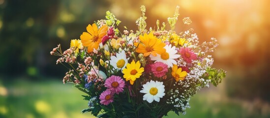 Poster - Vibrant summer flower bouquet with soft sunlight creating a colorful background perfect for your text or message