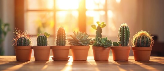 Poster - Cactus pots on a wooden table illuminated by warm sunlight enhancing natural home decor aesthetic in a cozy living space