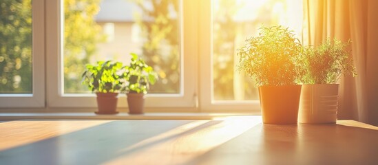 Poster - Sunny kitchen table by the window with plants creating a warm and inviting atmosphere for interior design ideas and home decor inspiration