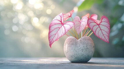 Poster - Heart-shaped caladium plant in decorative pot with vibrant red-veined leaves against a blurred natural background featuring soft light.