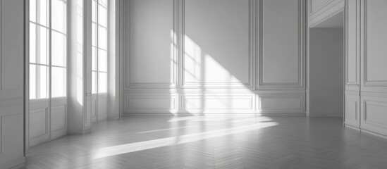 Poster - Minimalistic empty white room with smooth walls and polished wooden parquet floor perfect for interior design inspiration and showcases.