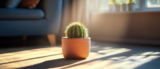 Poster - Sunlight illuminating a small cactus pot with intricate shadows in a stylish contemporary living room setting creating a warm atmosphere