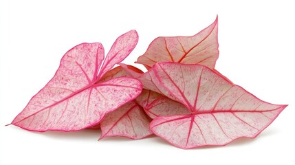Poster - Caladium leaves showcasing vibrant pink and white patterns isolated on a clean background perfect for botanical or decorative themes