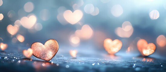 Poster - Bokeh lights creating heart shapes on a soft blue gray background for romantic and festive themes