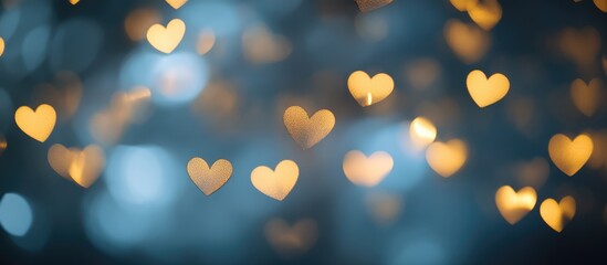 Poster - Bokeh heart lights creating a dreamy atmosphere on a blue gray background ideal for romantic or festive themes