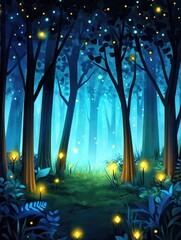 Wall Mural - magical forest illustration with glowing lights, fireflies, and mystical blue tones, creating a fant