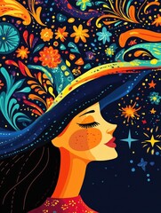 Wall Mural - vibrant illustration of a mystical witch wearing a colorful, patterned hat, surrounded by magical sy