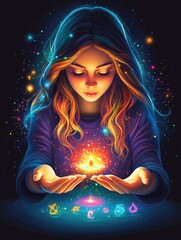 Wall Mural - mystical woman with glowing magical energy in her hands, surrounded by colorful light and symbols, c